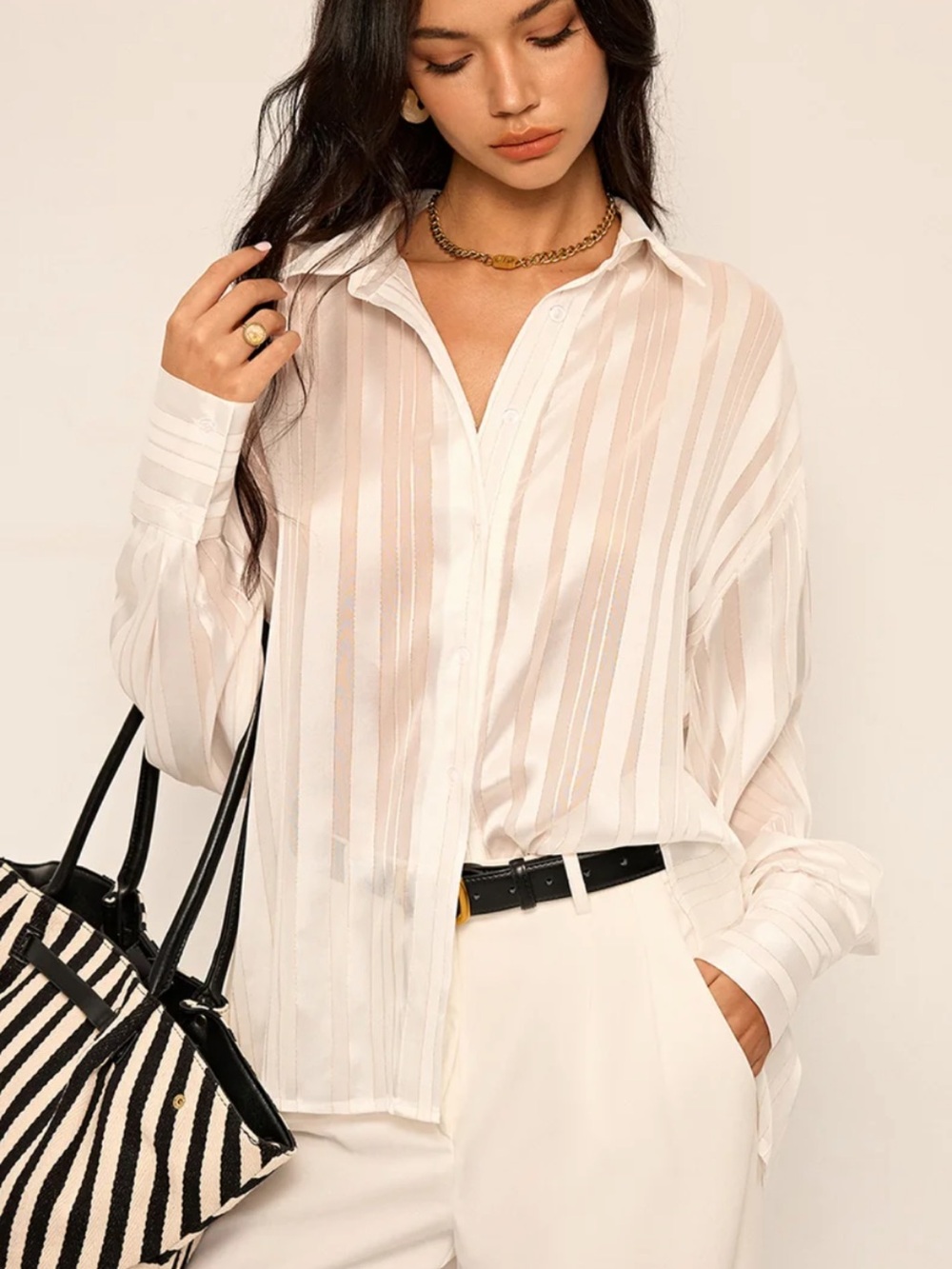 Commense Sheer Striped Long-Sleeve Shirt